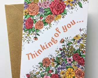 Mixed Floral Thinking of you, Get well, Encouragement, Friendship, Illustrated Greeting Card
