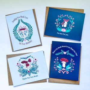 Illustrierte Pilz- und Blumenwortspiele, denke an dich, Gute Besserung, Ermutigung, Freundschaft, illustrierte Grußkarte 4er-Pack