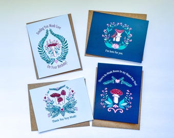 Mushroom Pun Greeting Card 4-Pack: Illustrated Floral Cards