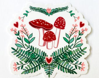 Illustrated Mushroom Trio and Floral Sticker with white background in 3" Matte waterproof vinyl