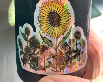 Sunflowers silver holographic sticker/decal