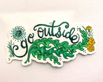 Whimsical Dandelion Illustrated Art Sticker that reads "Go Outside"
