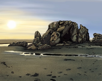 Moonstone Beach - Trinidad - Northern California - North Coast - Sunset- Beach -  illustrated Landscape- Digital Art Print
