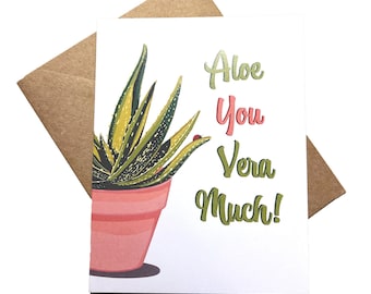 Aloe You Pun Illustrated Aloe Vera Plant and lady bug Greeting Card