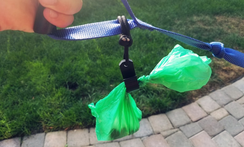 May include: A blue dog leash with a black clip holding two green waste bags. The leash is held by a hand, with a grassy background and a brick walkway visible.