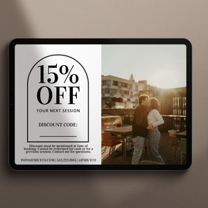 Modelo CANVA de código de desconto para sessão de fotografia - desconto de sessão - cartão de cupom de sessão de fotografia 5x7 - Modelo 1