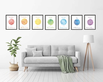 May include: Seven framed prints of colourful chakra mandalas with text in black. The prints are arranged in a row on a white wall above a grey sofa with a green throw blanket.