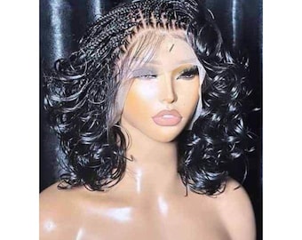 Short Black Full Lace Boho Braided Wig For Women. French Curls Braided Wig.