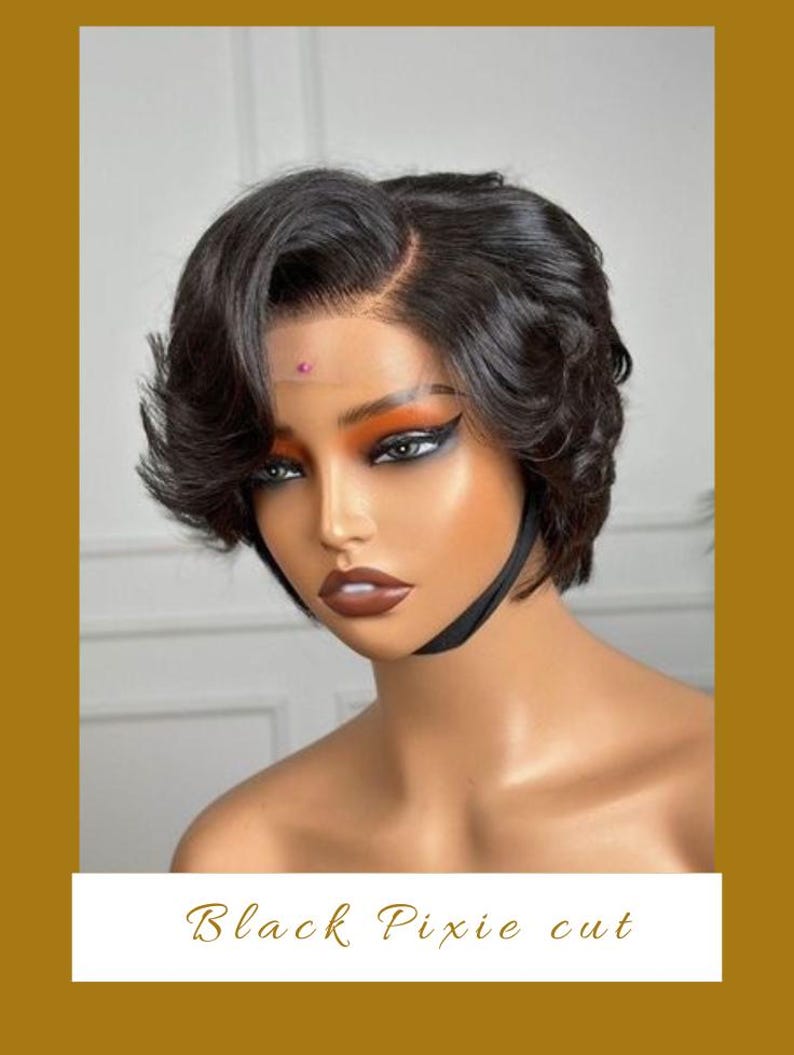 May include: A black pixie cut wig styled on a mannequin head. The wig has short, wavy layers and a side parting. The text "Black Pixie cut" is displayed in a white box below the mannequin.