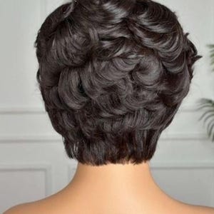 May include: A dark brown, short, curly wig styled in a classic pixie cut. The back view shows the neatly trimmed nape and the voluminous curls that frame the head. The wig appears to be made of synthetic fibers.