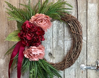 Valentine's Day Wreath, Hydrangea Wreath for Front Door, Fall Burgundy Wreath, Fall Wreath