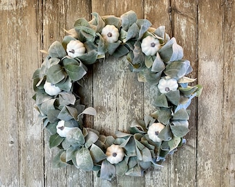 Lamb's Ear Fall Wreath: White Pumpkins, Minimalist Greenery