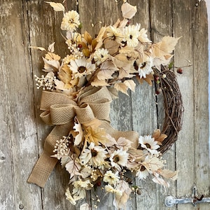 Beige Maple Leaf Fall Wreath for Front Door, Farmhouse Fall Wreath, White Fall Wreath, Sunflower Fall Wreath, Neutral Fall Door Decor