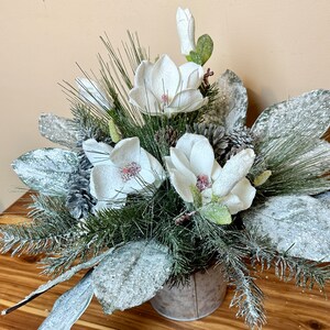 Christmas Magnolia Flower Arrangement, White Christmas Flower Arrangement image 6