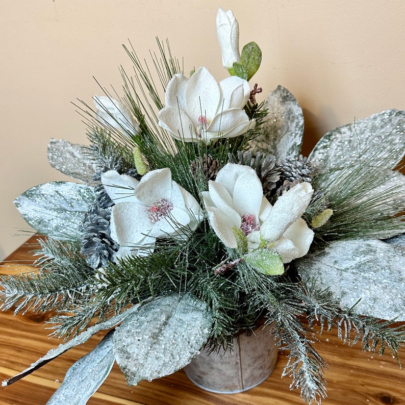 Christmas Magnolia Flower Arrangement, White Christmas Flower Arrangement image 6