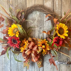 Fall Sunflower Wreath for Front Door, Traditional Fall Wreath, Fall Leaf Wreath