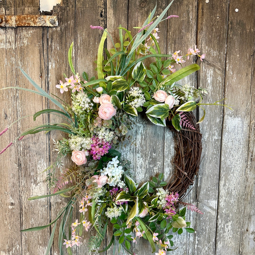 20 in. Spring Wreath with Red and Pink Flower Blooms, Yellow Berry Clusters, Fern Fronds main image 1