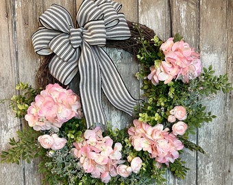 Farmhouse Hydrangea Wreath: Spring Door Decor with Black & Ivory Bow