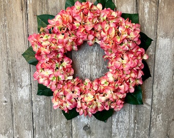 Farmhouse Wreath, Pink Hydrangea Wreath, Pink Spring Wreath