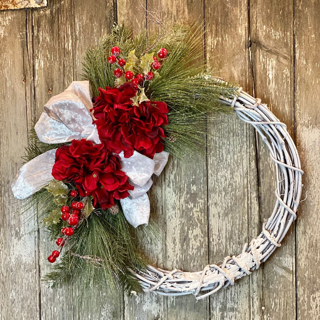 Snowy Pine & Red Hydrangea Winter Wreath: White Velvet Bow - Etsy