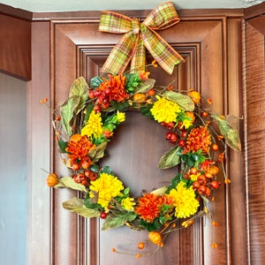 Fall Mini Wreath, Cabinet Wreath with Ribbon, Chair Wreath, Small Wreath, Wreath Set, Minimalist Fall Wreath, Orange Fall Wreath