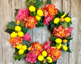 Peony Wreath, Lemon Wreath, Bright Summer Wreath, Citrus Wreath