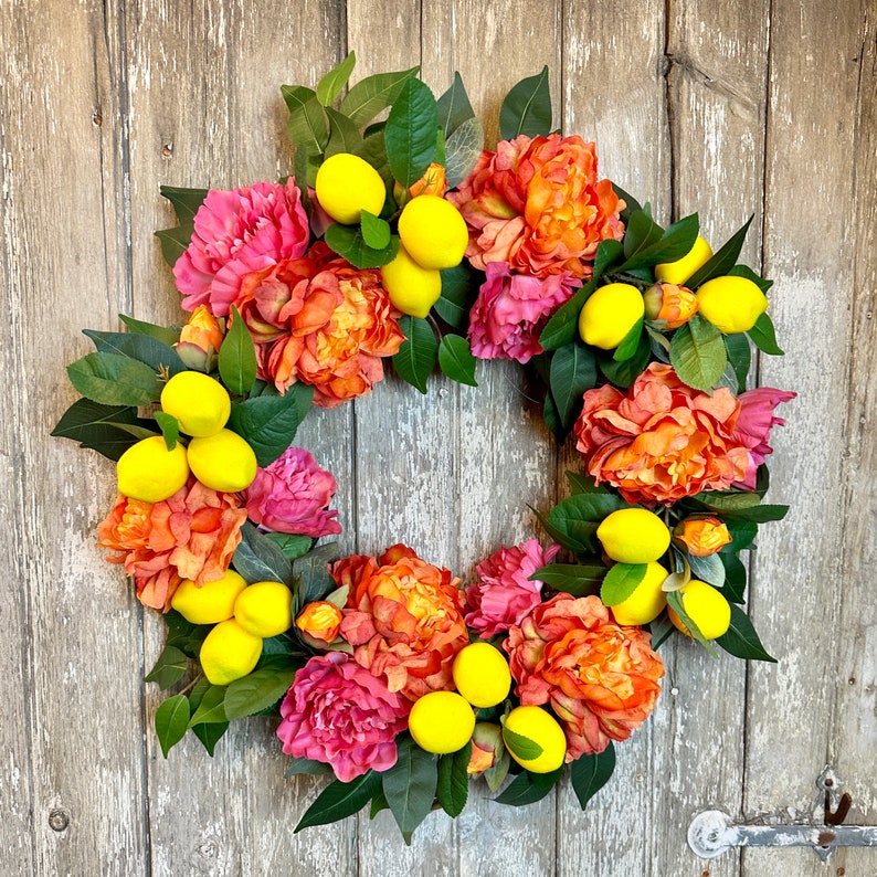 Peony Wreath, Lemon Wreath, Bright Summer Wreath, Citrus Wreath image 1