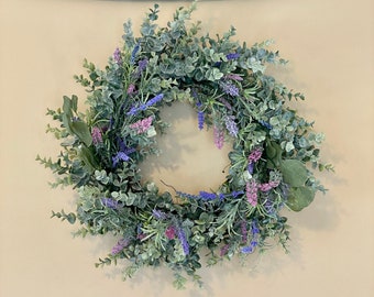 Faux Lavender Wreath, Eucalyptus Lavender Wreath,Faux Lavender Wreath For Front Door, Eucalyptus Farmhouse Wreath, Greenery Wreath