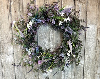 Faux Lavender Wreath for Front Door, Eucalyptus Lavender Wreath, Eucalyptus Farmhouse Wreath, Greenery Wreath,