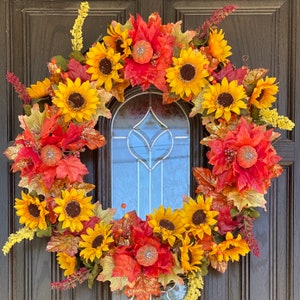 Fall Maple Leaf Wreath, Orange Floral Wreath for Front Door, Sunflower Wreath for Front Door, Fall Wreath for Front Door