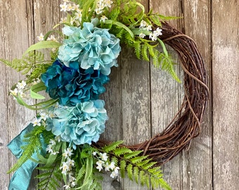 Nautical Wreath for Front Door, Summer Hydrangea Wreath, Bright Summer Wreath, Beach House Wreath, Spring Wreath for Front