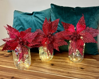 Set of 3 Lighted Mason Jar Centerpieces, Christmas Lighted Centerpieces
