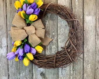 Minimalist Wreath for Front Door, Purple and Gold Wreath, Tulip Easter Wreath