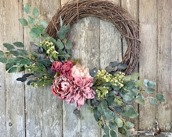 Valentine's Day Wreath, Peony Wreath for Front Door, Dahlia Wreath for Front Door, Mauve Dahlia Wreath, Pink Peony Wreath