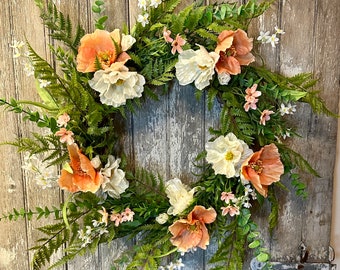 Peach Wreath, Spring Wreath for Front Door, Spring Eucalyptus Wreath, Peach Poppy Spring Wreath