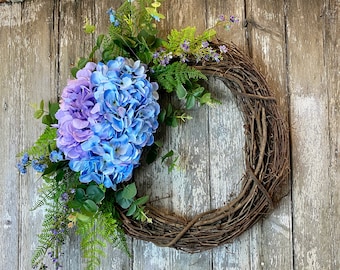 Summer Hydrangea Wreath, Spring Wreath with Blue and Purple Flowers,  Blue Hydrangea Wreath, Spring Hydrangea Wreath