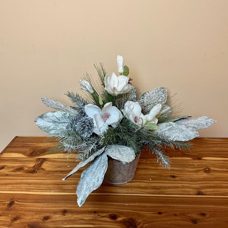 Christmas Magnolia Flower Arrangement, White Christmas Flower Arrangement image 2