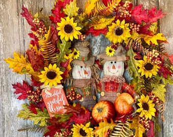 Fall Scarecrow Wreath, Fall Sunflower Wreath for Front Door, Traditional Fall Wreath for Front Door, Fall Maple Leaf Wreath