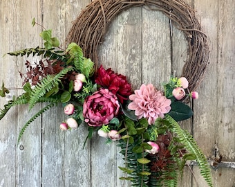 Peony Wreath for Front Door, Dahlia Wreath for Front Door, Year Round Wreath for Front Door