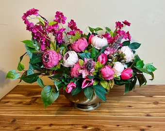 Modern Fuchsia Pink Peony Arrangement, Mixed Pink & Fuchsia Flower Arrangement, Hot Pink Centerpiece