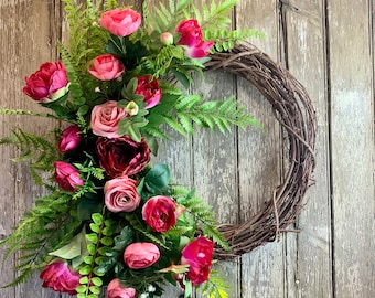 Peony Wreath for Front Door, Spring Wreath with Pink Peonies, Pink Garden Wreath