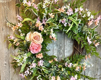 Pink Spring Wreath, Pink Floral Wreath, Spring Wreath for Front Door, Wildflower Wreath