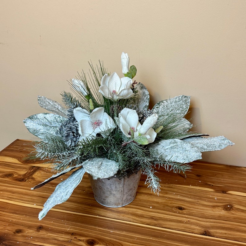 Christmas Magnolia Flower Arrangement, White Christmas Flower Arrangement image 1