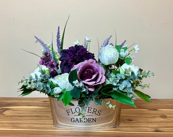 Spring Flower Arrangement, Shabby Chic Floral Centerpiece, Purple Flower Arrangement