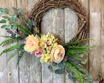 Peony Wreath for Front Door, Yellow Wreath, Spring Peony wreath, Spring Hydrangea Wreath
