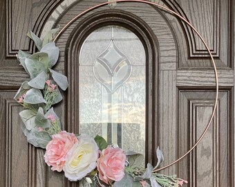 Gold Hoop Wreath: Pink Roses, Lamb's Ear - Nursery Decor