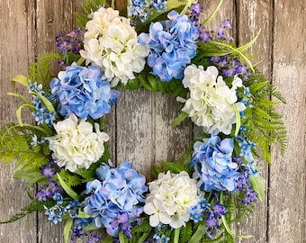 Spring Wreath for Front Door Hydrangea, Blue Spring Wreath, Hydrangea Garden Wreath for Front Door