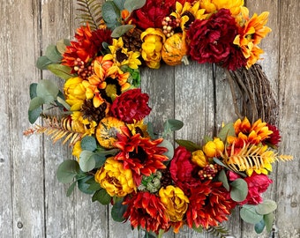 Fall Sunflower Wreath for Front Door, Traditional Fall Wreath, Fall Pumpkin Wreath