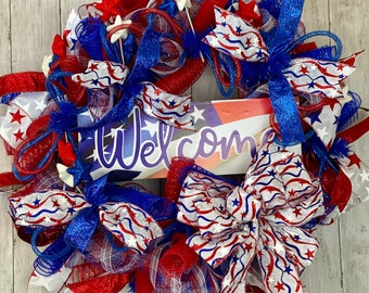 Fourth of July Wreath, Patriotic Deco Mesh Wreath, Patriotic Wreath for Front Door, Red White Blue Wreath, Welcome Sign Wreath