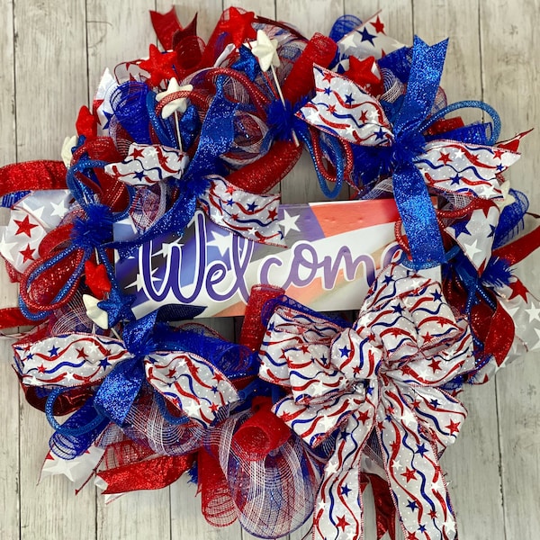 Fourth of July Wreath, Patriotic Deco Mesh Wreath, Patriotic Wreath for Front Door, Red White Blue Wreath, Welcome Sign Wreath